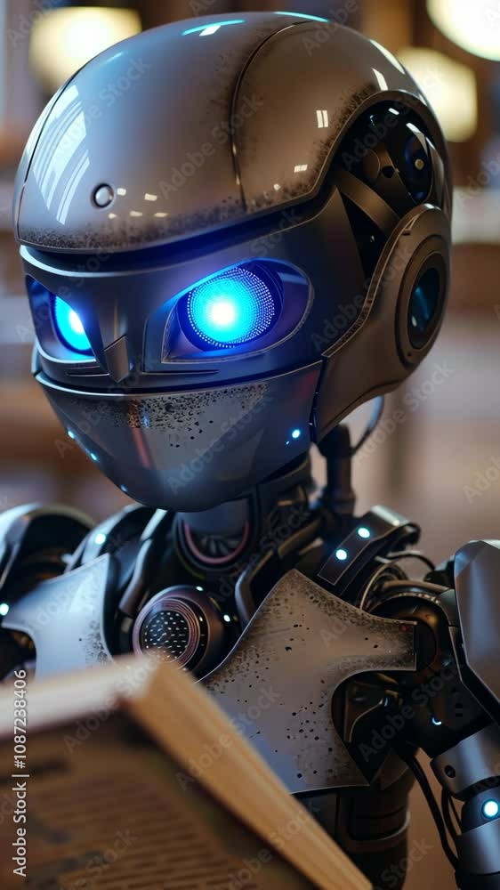 Poster futuristic robot engaging with a book in a dynamic montage