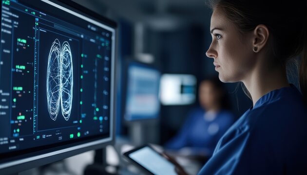 A focused hospital manager reviews data on a digital screen, highlighting the importance of technology in effective healthcare management and decision-making.