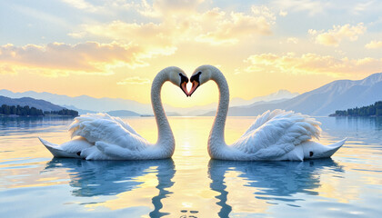 Obraz premium Two Swans Forming a Heart on a Serene Lake.