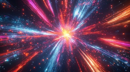 Naklejka premium Abstract cosmic explosion with vibrant red, orange, and blue light streaks.