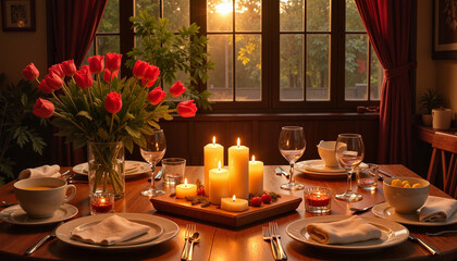 Romantic Candlelight Dinner with Tulips on Valentine's Day.