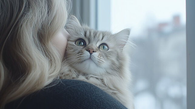 A Woman Embraces Her Fluffy Cat While Looking out the Window on a Chilly Winter Day, Capturing a Moment of Warmth and Companionship
