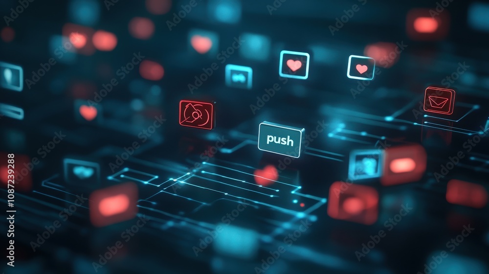 Poster Abstract Digital Communication Concept with Floating Icons Representing Messages, Notifications, Social Media Interactions, and Modern Networking in a Technological Environment