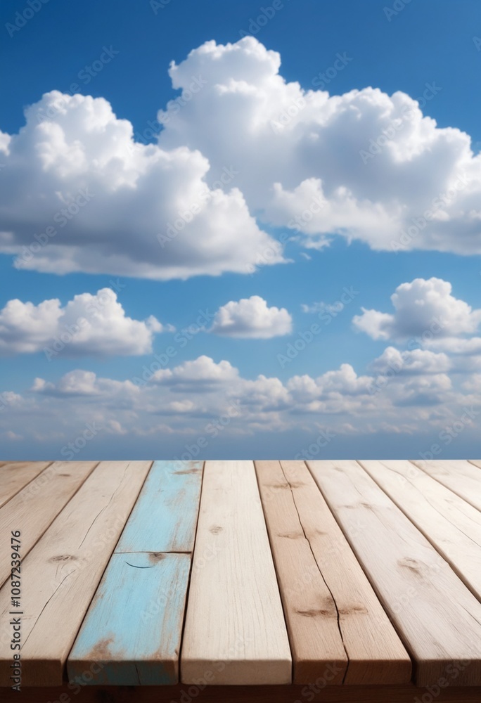 Poster an empty wooden tabletop with blue skies and clouds is ideal for displaying merchandise