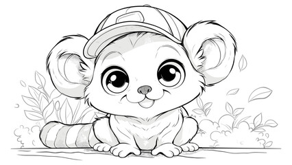 Happy Lemur in Cap Cartoon Character Coloring Page for Kids Adorable Illustration Playful Cap Scene Fun Drawing for Children Cheerful Animal Art Page