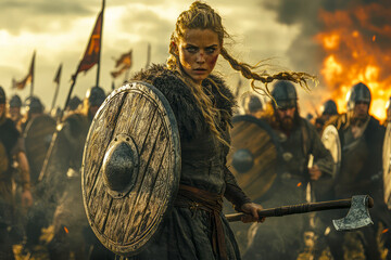 Warrior Queen A Stunning Image of a Viking Shieldmaiden in Battle Wielding a Round Shield and Axe