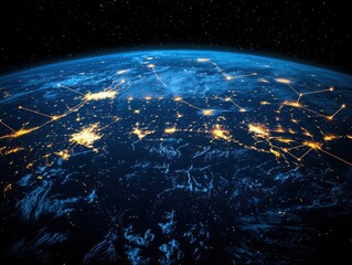 Obraz premium Global data transmission through illuminated connections above earth digital landscape satellite view international data flow