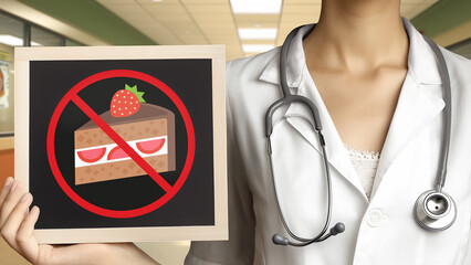 Doctor and prohibition sign against shortcake on blackboard.Diet,healthy eating,wellness and health concept