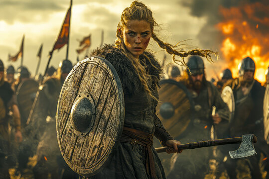 Warrior Queen A Stunning Image of a Viking Shieldmaiden in Battle Wielding a Round Shield and Axe