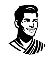 A handsome masculine Taoist monk. A simple realistic black and white vector icon. Caucasian face, open eyes, beaming smile, short hair. An adult man in a monk's robe.
