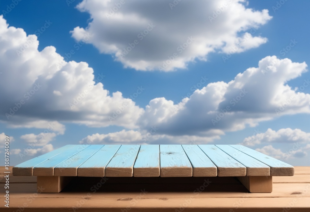 Poster An empty wooden tabletop with blue skies and clouds is ideal for displaying merchandise