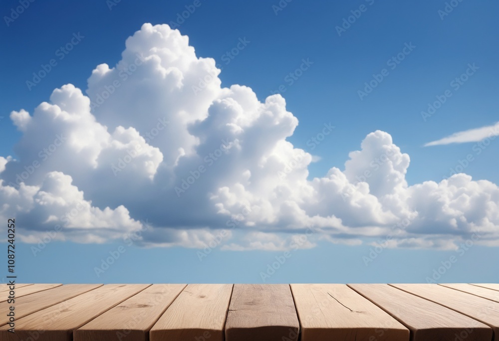 Poster An empty wooden tabletop with blue skies and clouds is ideal for displaying merchandise