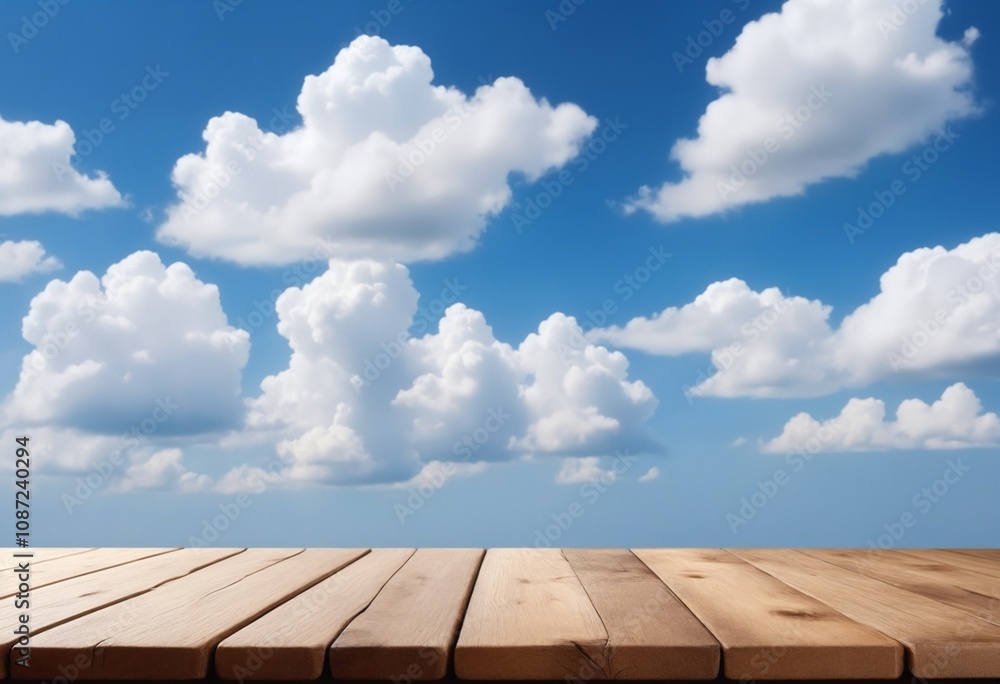 Poster an empty wooden tabletop with blue skies and clouds is ideal for displaying merchandise