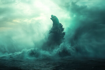 Mysterious Godzilla Ethereal Presence in a Misty Seascape Evoking Menace and Intrigue