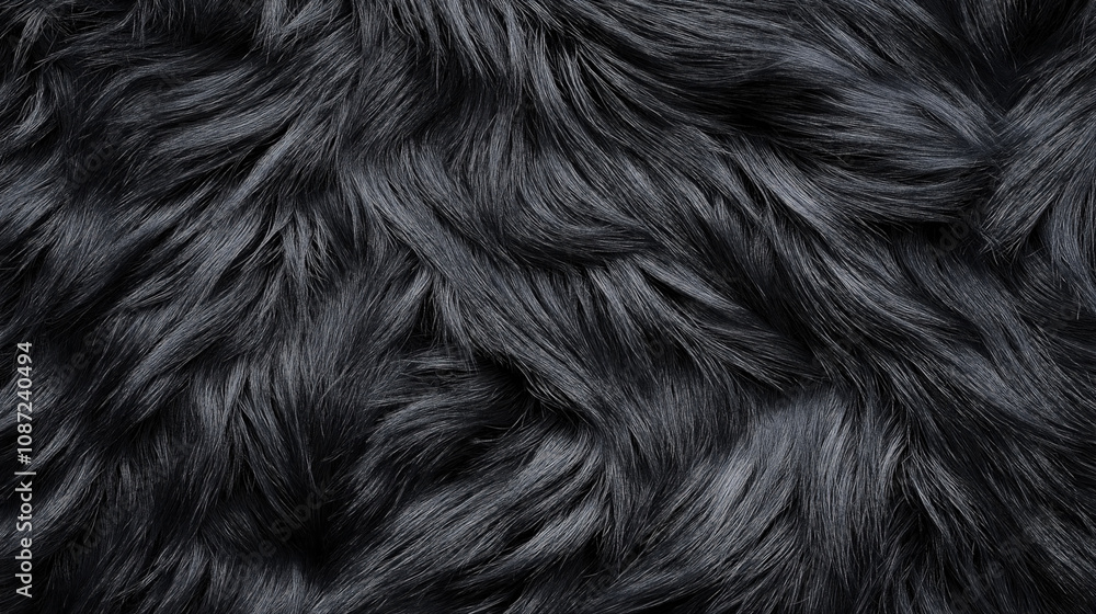 Wall mural close-up view of black fur texture with natural wavy patterns, showcasing detail and softness of the