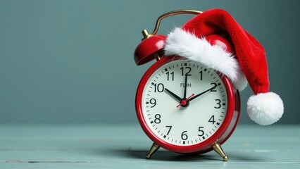 alarm clock with Santa Claus hat, Christmas composition, new year start concept