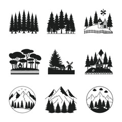 Forest Bundle SVG, Forest and mountains Vector Illustration, Trees silhouettes collection on a white background