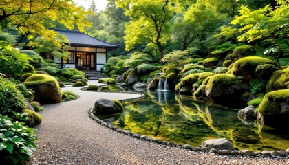 Obraz premium Tranquil japanese garden with zen landscaping and serene pond