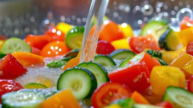 Fresh vegetables like cucumber, tomatoes, and bell peppers being rinsed under running water.