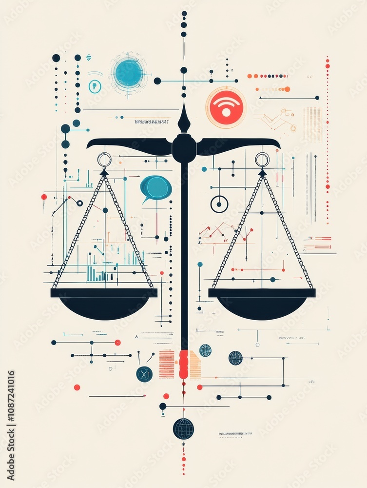 Poster this artwork features the scales of justice, integrated with data visualization elements, symbolizin