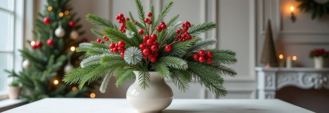 Festival Winter Bouquet with Pinay Branches and Red Berries in Elegant Vase, Holiday Home Decor Displays Concept