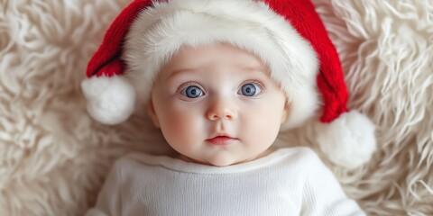 An adorable baby wearing a Santa hat lies on a fluffy blanket with wide blue eyes, capturing holiday charm.