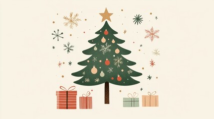 Fototapeta premium Christmas card with a stylish green tree illustration and gifts set on a light cream background, perfect for warm greetings.