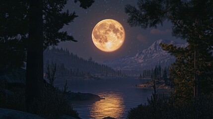 The full moon rising over a mountain lake, with pine trees framing the scene.