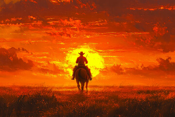 Fototapeta premium Solitary cowboy embarks on a journey through endless horizons at dusk