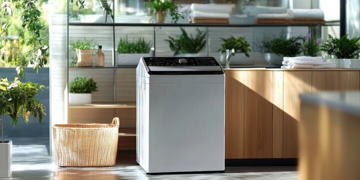Modern Laundry Room with Top-Loading Washing Machine and Stylish Interior Design Featuring Greenery and Natural Light for a Calming Atmosphere