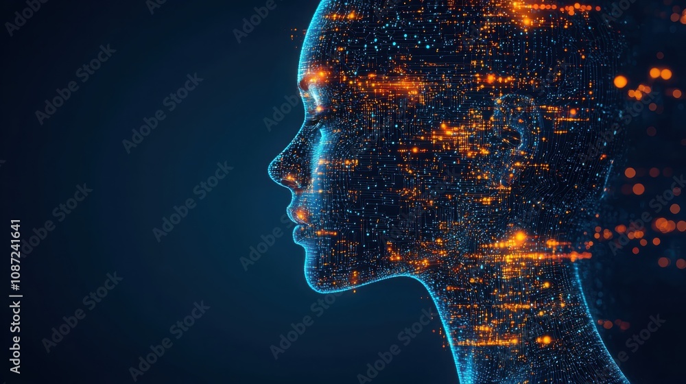 Poster exploring mind-machine interface dynamic circuitry flowing through neural pathways in a technologica