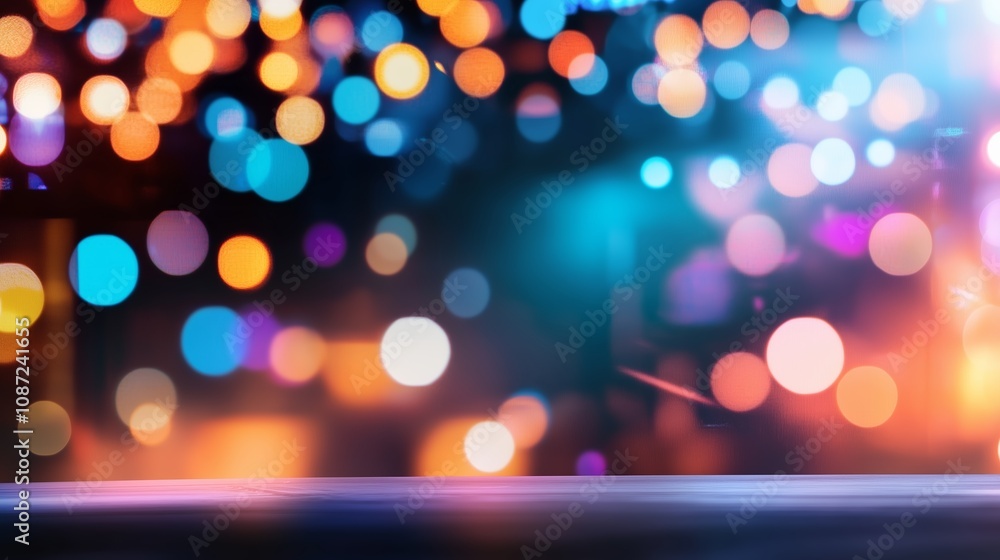 Poster out-of-focus colorful lights illuminate the background, creating a vibrant, bokeh effect