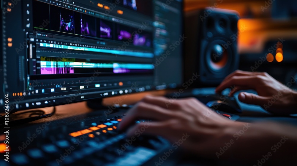 Poster a video editor carefully adjusts clips on a timeline in editing software, illustrating the precision