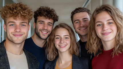 Obraz premium Group of Five Cheerful Young Adults Posing Together Indoors, Showcasing Their Smiles and Camaraderie in a Cozy Environment During Daylight Hours