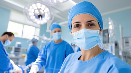 Surgeon and Medical Team Performing a Complex Procedure in a Well-Equipped Operating Room During Daytime With Bright Surgical Lights and Focused Expressions