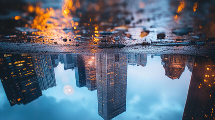 City buildings are reflected in a rain puddle, creating an inverted image of the urban skyline at dusk