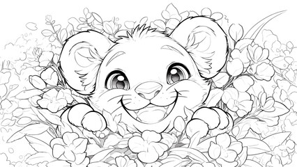 Obraz premium Happy Lion Cub Peeking Out of Thick Flower Thicket Coloring Page for Kids Adorable Illustration Floral Jungle Scene Playful Animal Drawing for Children Cheerful Lion Art Page