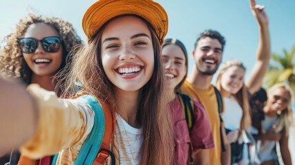 A vibrant scene of students embarking on a study abroad program, filled with anticipation for new experiences