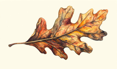 Obraz premium Detailed watercolor painting of a single, dried oak leaf, showcasing autumnal colors and intricate vein patterns. Perfect for fall-themed designs and nature-inspired projects.