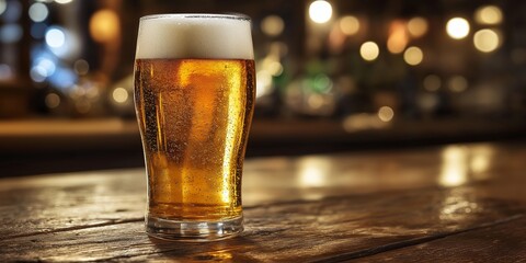 A frothy pint of beer rests invitingly on a wooden bar surface.