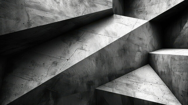 Fototapeta A black and white photo of a concrete wall with a lot of texture. The wall is made up of many different shapes and angles, giving it a very modern and industrial look. The photo is very abstract
