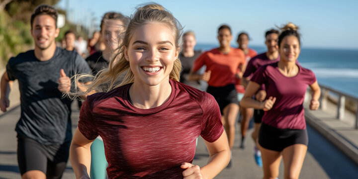 A Group of Enthusiastic Runners Enjoys a Sunny Morning Jog Along the Waterfront, Showcasing Camaraderie and Energy Against a Vibrant Coastal Backdrop