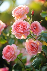 Obraz premium Beautiful pink roses in bloom with lush green leaves shining under sunlight, capturing nature's elegance.