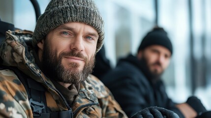 Fototapeta premium A bearded man wearing a camouflage jacket and knit hat is outdoors during winter. He appears relaxed and content while engaging with others.