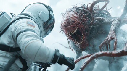 An intense sci-fi scene where an astronaut faces an alien entity with twisted appendages and a terrifying visage, showcasing a gripping struggle for survival in space.