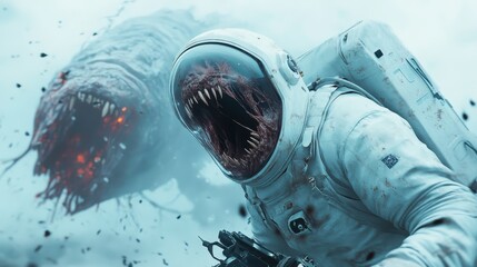 A unique sci-fi scene portrays an astronaut undergoing a dramatic transformation, revealing terrifying creature-like jaws through the suit, symbolizing inner change and conflict.