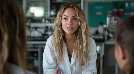 A focused scientist in a white lab coat engages thoughtfully with colleagues in a state-of-the-art laboratory, emphasizing collaboration and innovation.