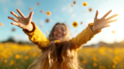 A cheerful woman in a yellow outfit joyfully extends her arms, surrounded by floating daisies in a sunny field, embodying happiness, freedom, and the beauty of nature.