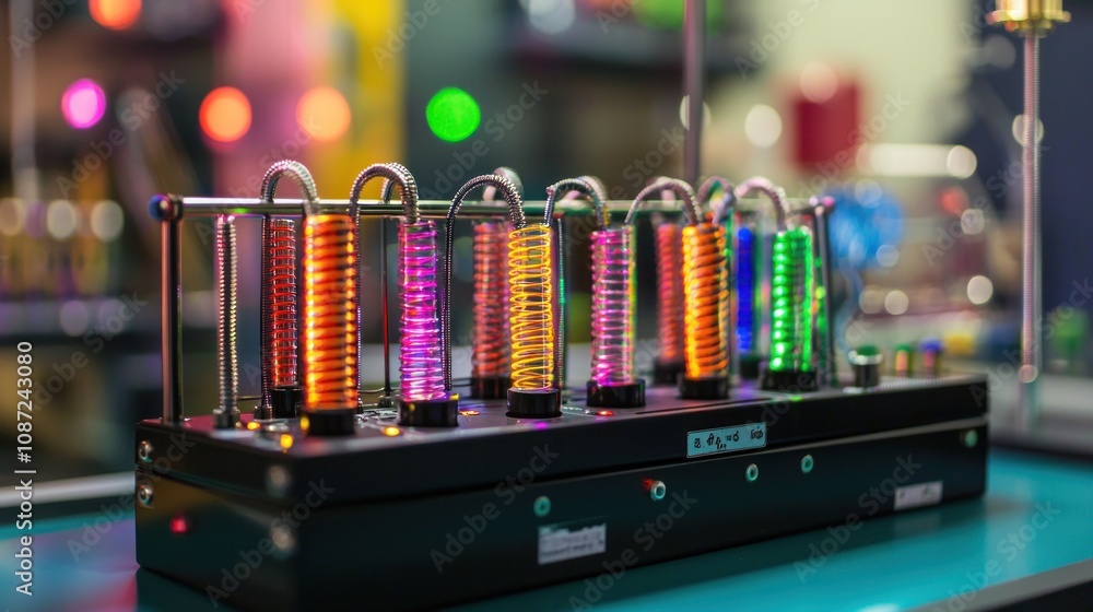Poster a vibrant display of a physics demonstration showing the strength of electromagnets and their practi