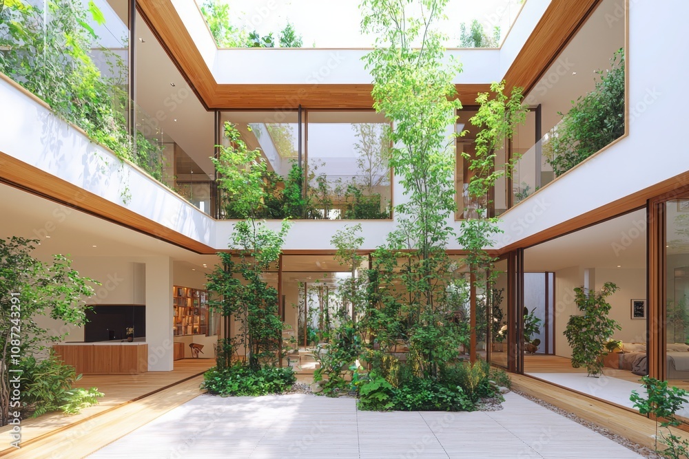 Poster exploring modern architecture a contemporary house with a courtyard in a natural setting